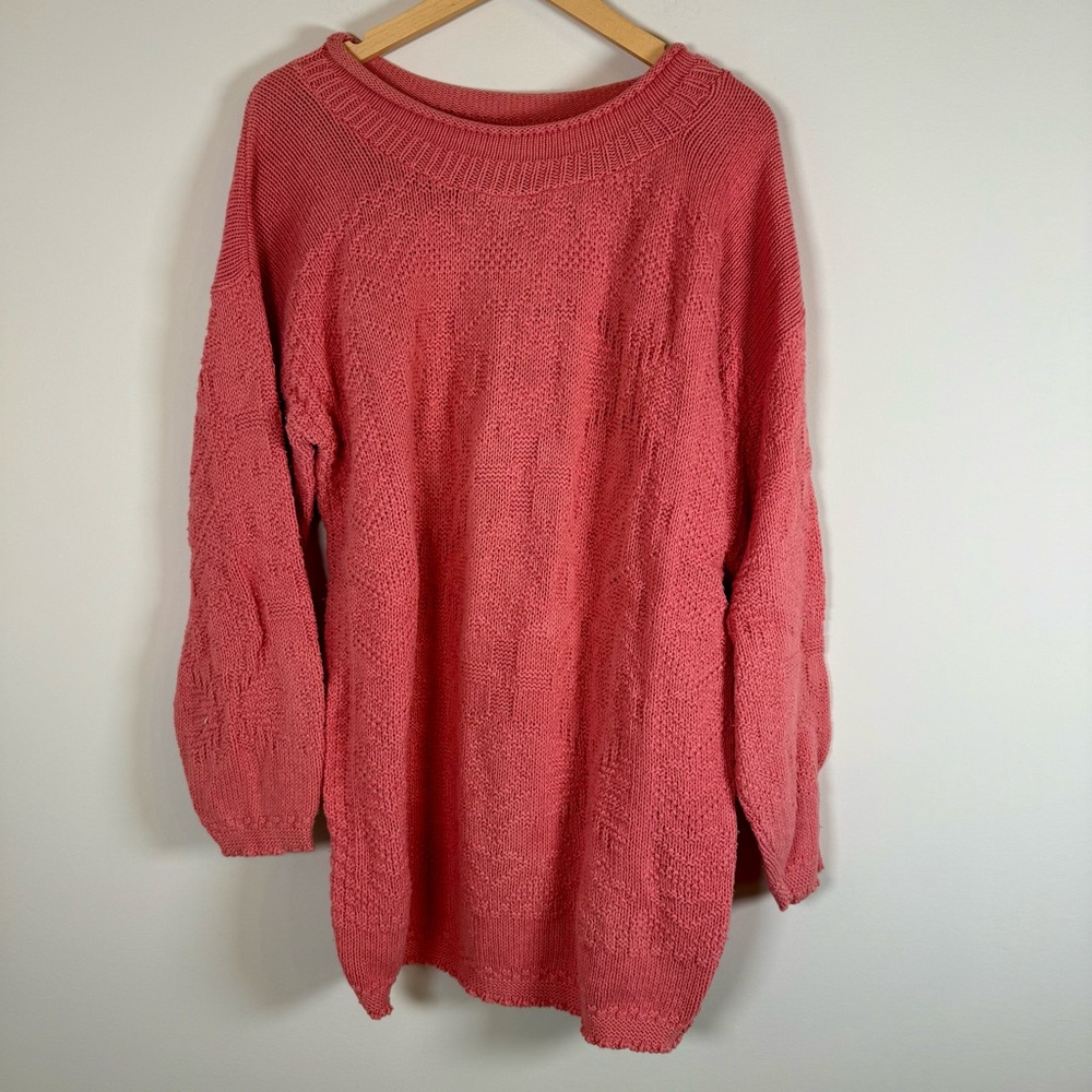 Off Base Vintage VTG Crochet Knit 100% Cotton Coral‎ Pink Pullover Sweater Large
